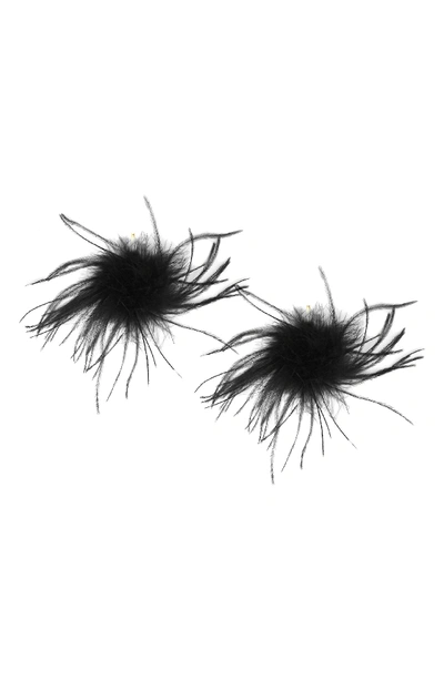 Tuleste Ostrich Feather Pompom Earrings In Gold/ Black