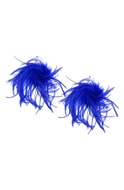 Tuleste Ostrich Feather Pompom Earrings In Silver/ Cobalt Blue