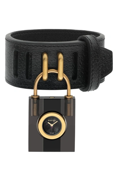 Gucci Twirl Small Leather Strap Padlock Watch, 17mm In Black/ Gold
