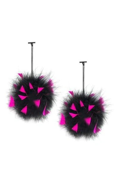 Tuleste Marabou Pompom Drop Earrings In Gun/ Black/ Pink