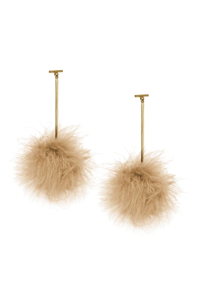 Tuleste Marabou Pompom Drop Earrings In Gold/ Nude