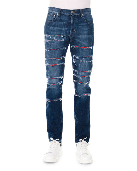 Alexander Mcqueen Straight-leg Slashed Selvedge Denim Jeans, Blue ...