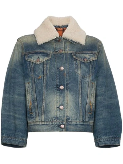 Gucci Print Back Denim Jacket With Genuine Shearling Trim In Blue