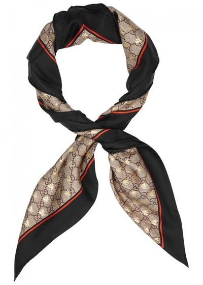 Gucci Gg Bee-print Silk Scarf In Black And Red