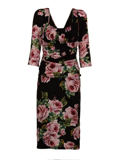 Dolce & Gabbana Rose Print Dress In Nero