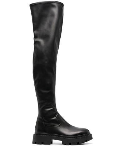 Ash Women's Gill Pull On Lug Sole Over The Knee Boots In Black