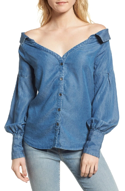 Ella Moss Off-the-shoulder Chambray Shirt In Medium Wash