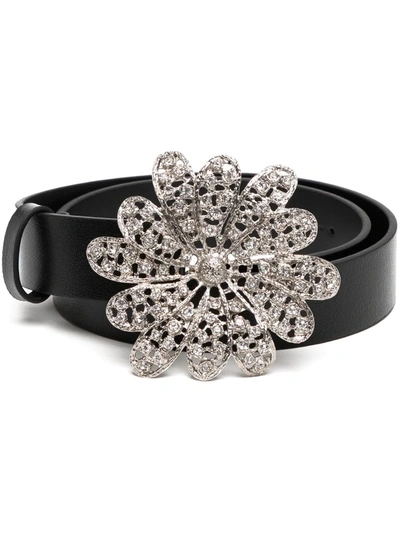 Alessandra Rich Crystal-floral Buckle Belt In Black Leather