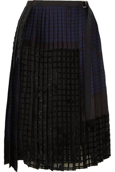 Sacai Pleated Flocked Printed Satin Wrap Skirt In Black