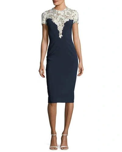 Jenny Packham Jewel-neck Short-sleeve Crepe Cocktail Dress With Lace In Dark Blue