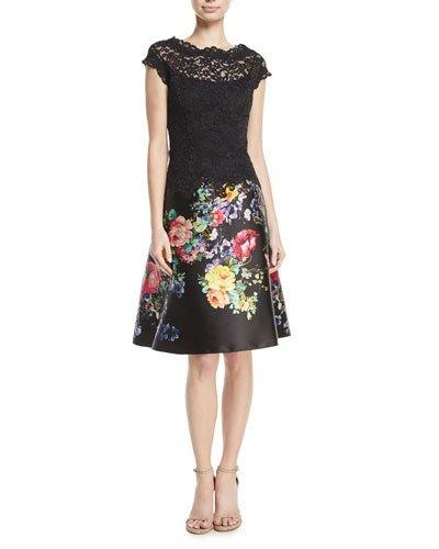 Rickie Freeman For Teri Jon Illusion Lace Cocktail Dress W/ Floral-print Satin Skirt In Black