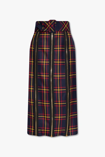 Gucci High-waist Belted Zip-front Wool Tartan Skirt In Blue