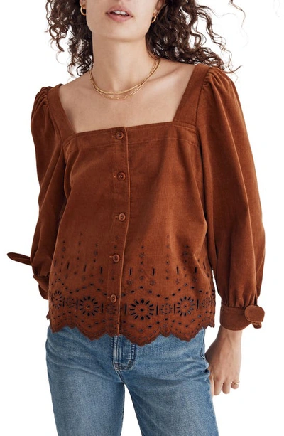 Madewell Embroidered Eyelet Tie-sleeve Corduroy Top In Warm Coffee