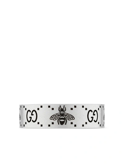 Gucci Gg And Bee Engraved Wide Ring In Silver