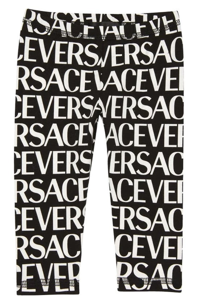 Versace Kids' Stretch Cotton Logo Leggings In Nero Bianco