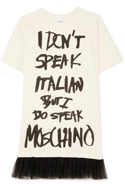 Moschino Tulle-trimmed Printed Cotton-jersey Mini Dress In Ivory