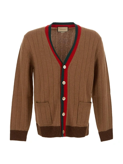 Gucci Stripe-trimmed Ribbed-knit Camel Cardigan In Neutrals
