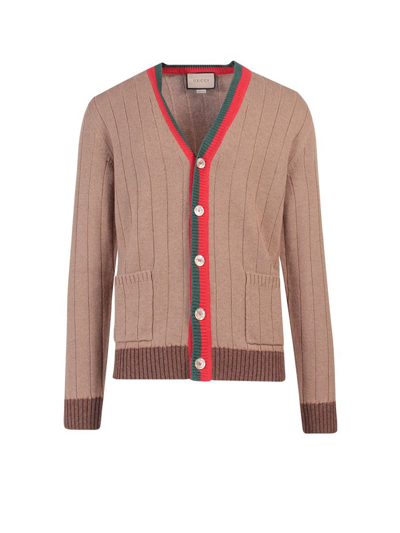 Gucci Stripe-trimmed Ribbed-knit Camel Cardigan In Brown