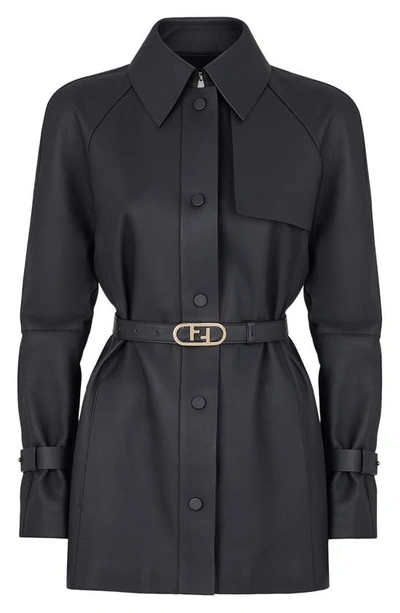 Fendi Belted Paneled Waxed-leather Jacket In Black
