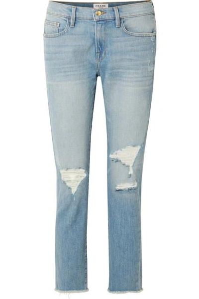 Frame Le Boy Cropped Distressed High-rise Straight-leg Jeans In Light Denim