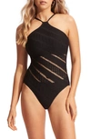 Seafolly Laser-cut High-neck One-piece Swimsuit (d-dd Cup) In Black