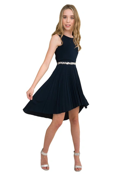 Un Deux Trois Kids' Pleated High-low Party Dress In Navy