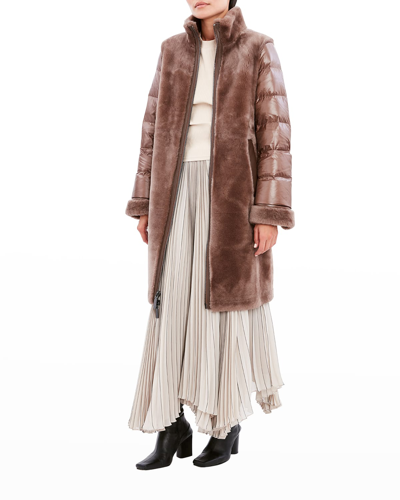 Dawn Levy Minique Shearling Mixed Media Quilted Sleeve Coat In Brown