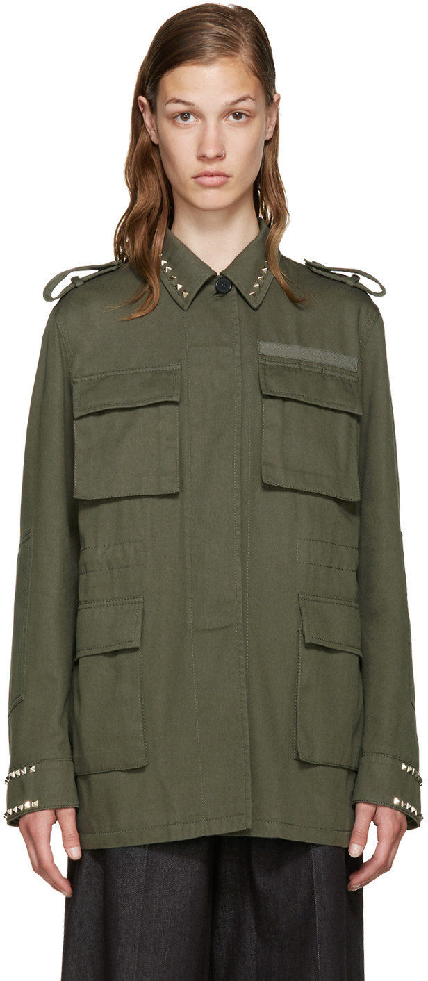 Valentino The Rockstud Oversized Cotton-twill Parka In Army Green ...