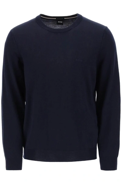 Hugo Boss Eco -sustainable Wool Sweater With Embroidered Logo Boss Botto -l In Blue