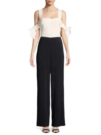 Badgley Mischka Woman Cold-shoulder Two-tone Cady Jumpsuit White In Black White
