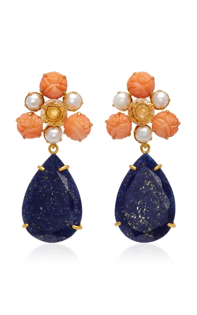 Bounkit Gold-plated Carved Bamboo Coral Pearl Clear Quartz And Lapis Earrings In Pink