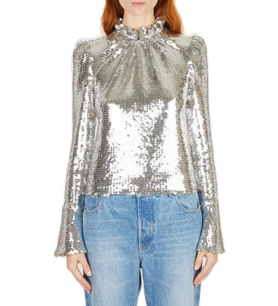 Rabanne Sequined Stand Collar Top In Silver