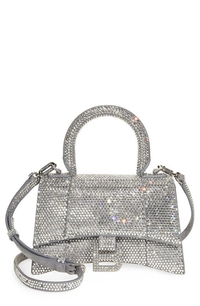 Balenciaga Extra Small Hourglass Crystal & Suede Top Handle Bag In Grey/ Crystal