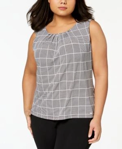 Calvin Klein Plus Size Pleated Grid-print Top In Black/grey