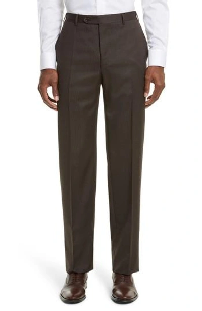 Canali Flat Front Stripe Wool Trousers In Brown
