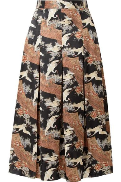 Co Printed Pleated Silk-satin Midi Skirt In Brown