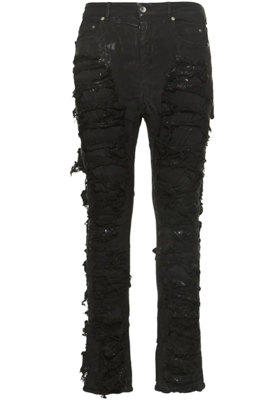Rick Owens Drkshdw Detroit Slim-fit Distressed Paint-splattered Coated Jeans In Black