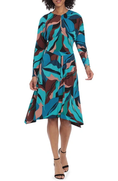 Donna Morgan For Maggy Print Long Sleeve Matte Jersey Dress In Black/ Teal