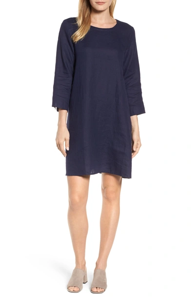 Eileen Fisher Organic Linen Round Neck Shift Dress In Midnight