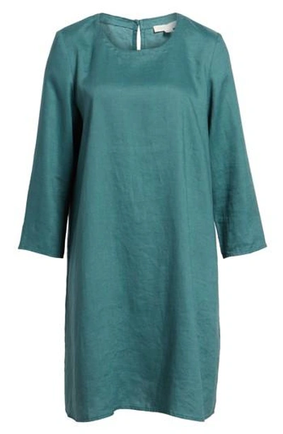 Eileen Fisher Organic Linen Round Neck Shift Dress In Teal