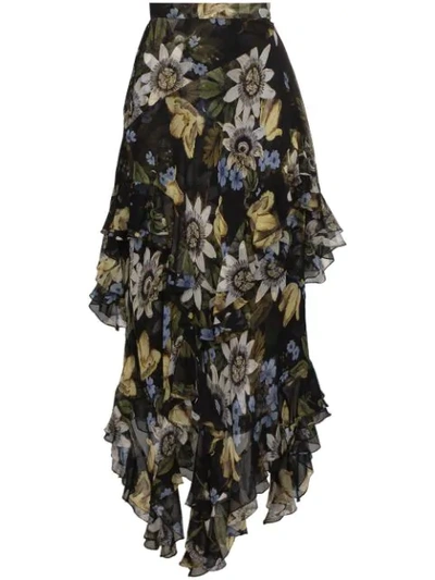 Erdem Elsa Asymmetric Ruffled Floral-print Silk-chiffon Midi Skirt In Black