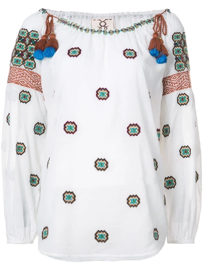 Figue Boat-neck Embroidered Cotton Voile Peasant Top W/ Tassel Ties, White Pattern