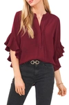 Vince Camuto Ruffle Sleeve Split Neck Blouse In Crisp Merlot