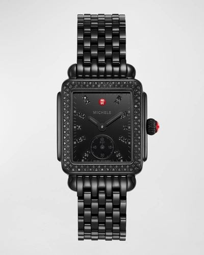 Michele Deco Mid Diamond Noir Watch With Bracelet Strap In Black