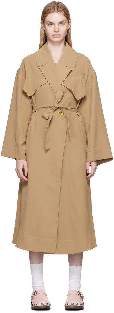 Ganni Neutral Double-breasted Twill Trench Coat In Beige