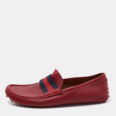 Pre-owned Gucci Red Leather New Auger Sylvie Web Accent Loafers Size 41