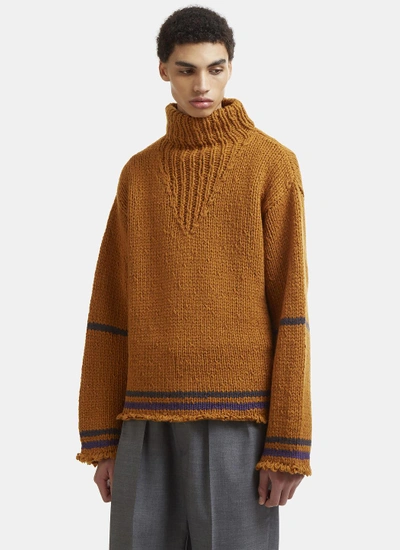 Maison Margiela Roll Neck Distressed Knit Sweater In Mustard In Orange