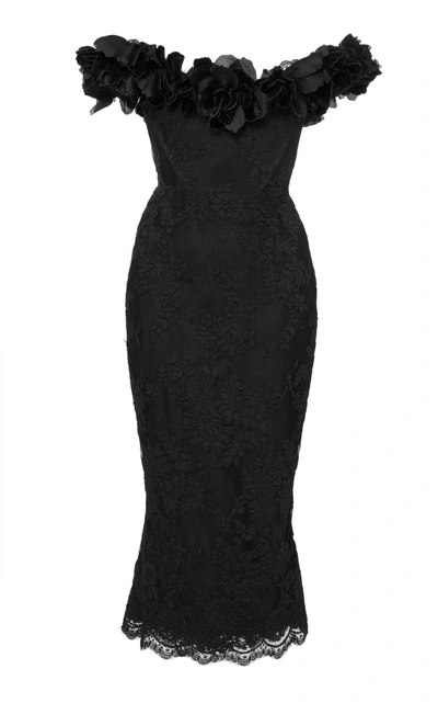 Marchesa Floral-embellished Off-the-shoulder Midi Dress In Black