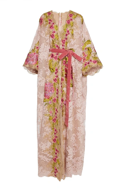 Marchesa Couture Pink Plunging V Neck Corded Lace Caftan In Neutral