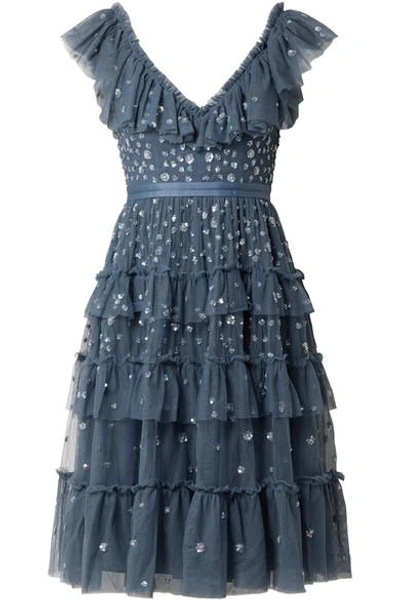 Needle & Thread Sunburst Tiered Embellished Ruffle-trimmed Tulle Midi Dress In Storm Blue